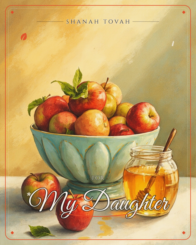 A pale blue fluted bowl overflows with red and green apples, their stems and leaves still attached, set against a warm golden-lit wall, a rosh hashanah e-card design