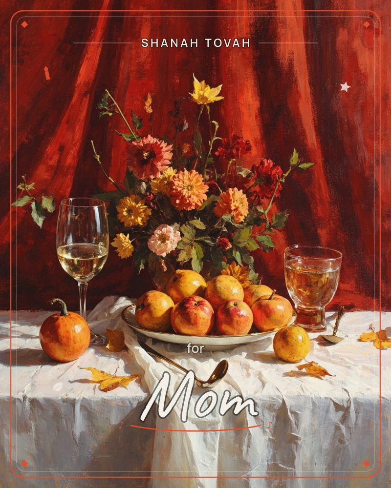 A classical still life set against a heavy crimson drapery shows a white cloth-covered table laden with a plate of apples and pomegranates, a small…, a rosh hashanah e-card design