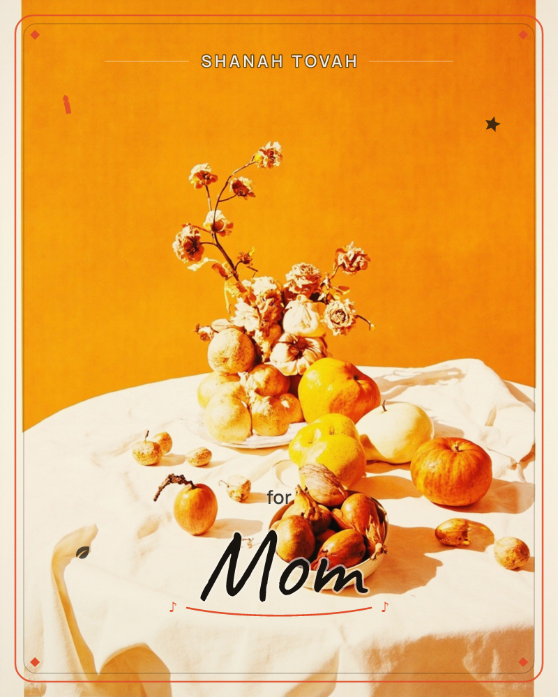 A still life on a white cloth-draped table shows a pile of pears, apples and citrus fruit beside a small bowl of dried seed pods, with a spray of faded…, a rosh hashanah e-card design