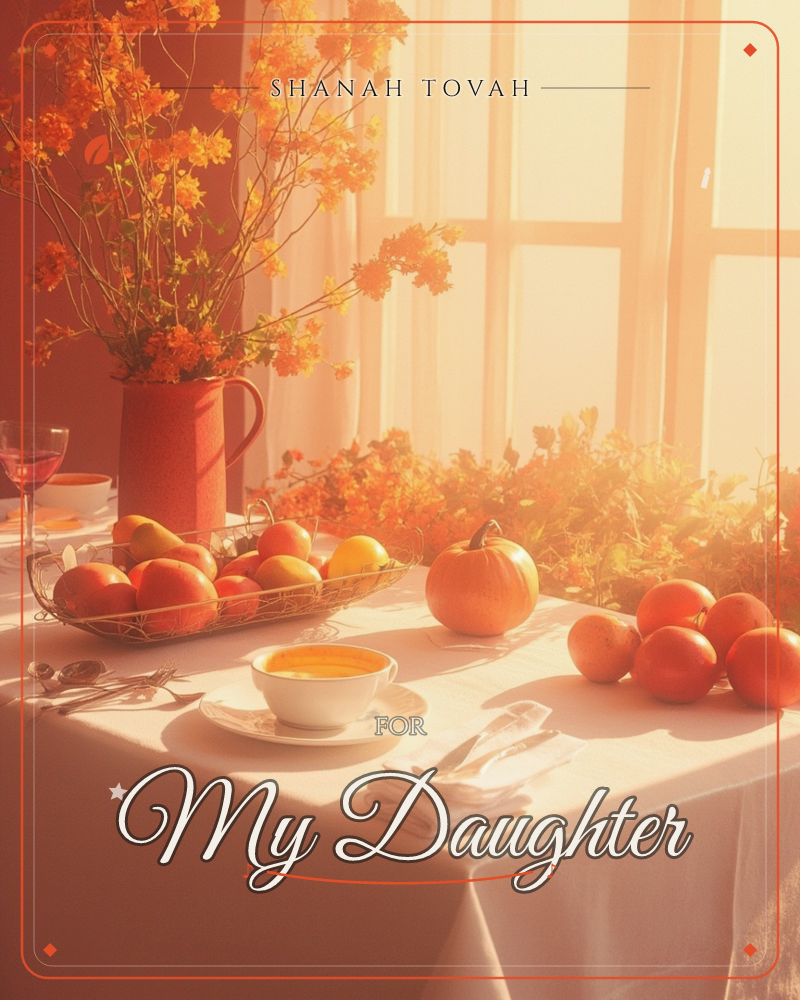 A sunlit table is set for autumn tea, with a red pitcher of orange wildflowers, a wire basket of apples and pears, a small pumpkin, and loose tomatoes…, a rosh hashanah e-card design
