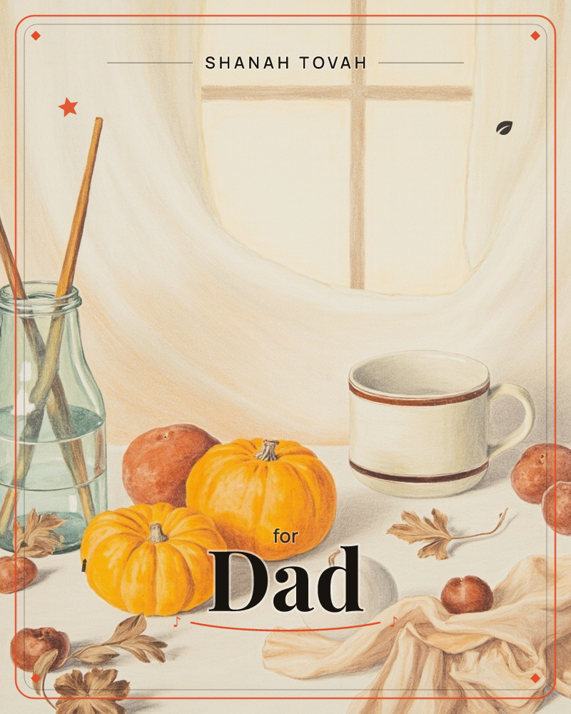 A quiet windowsill still life in autumn light: two small pumpkins, a scatter of chestnuts, a striped mug, and a glass jar holding paintbrushes sit on a…, a rosh hashanah e-card design