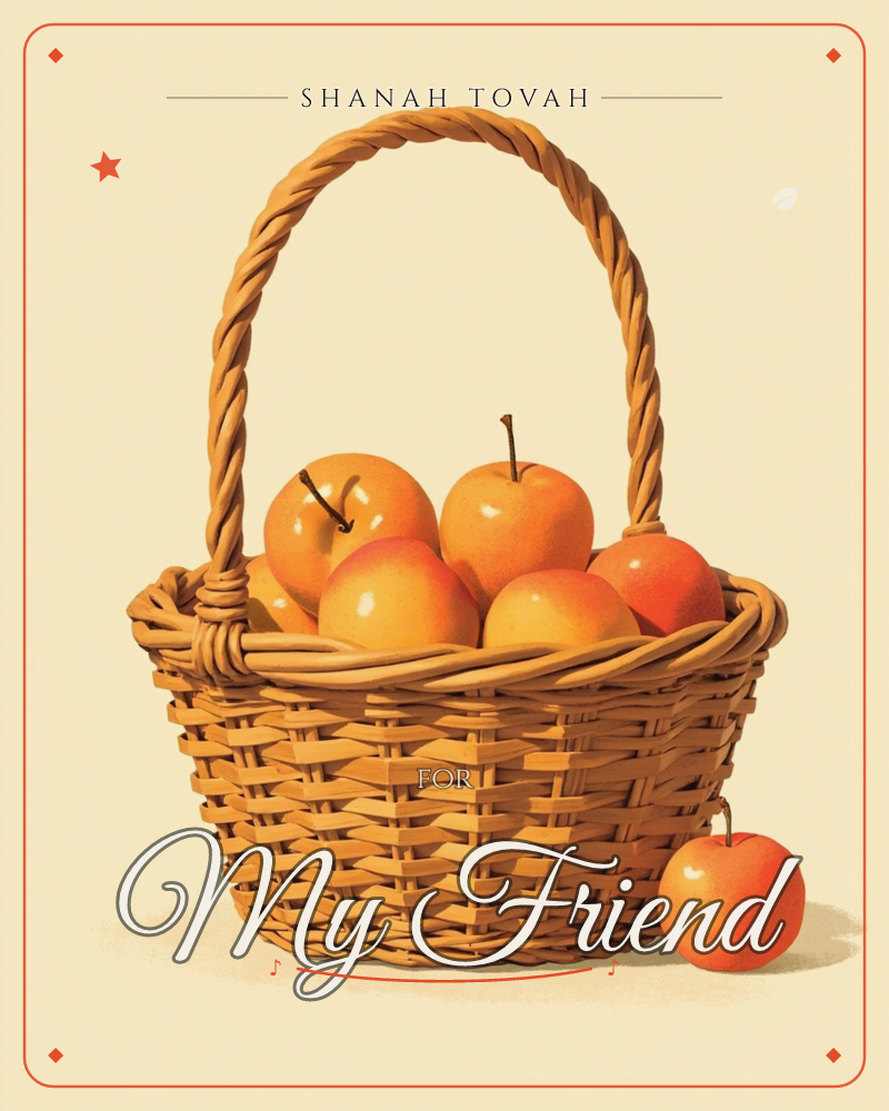 A woven wicker basket with a tall looped handle sits full of glossy orange-yellow apples, one having tumbled out to rest beside it, a rosh hashanah e-card design