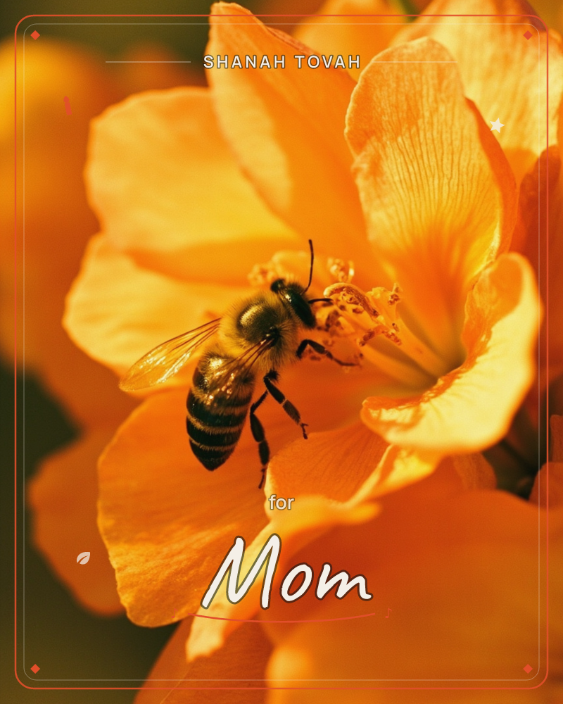 A close-up photograph of a honeybee resting deep inside the ruffled petals of a marigold-orange flower, its wings catching a warm glow of light, a rosh hashanah e-card design