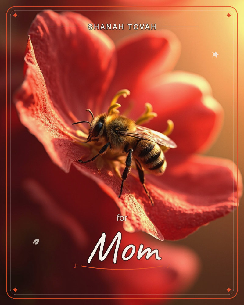 A close-up macro shot shows a honeybee resting on the curled petals of a deep red blossom, its fuzzy striped body dusted with golden pollen, a rosh hashanah e-card design