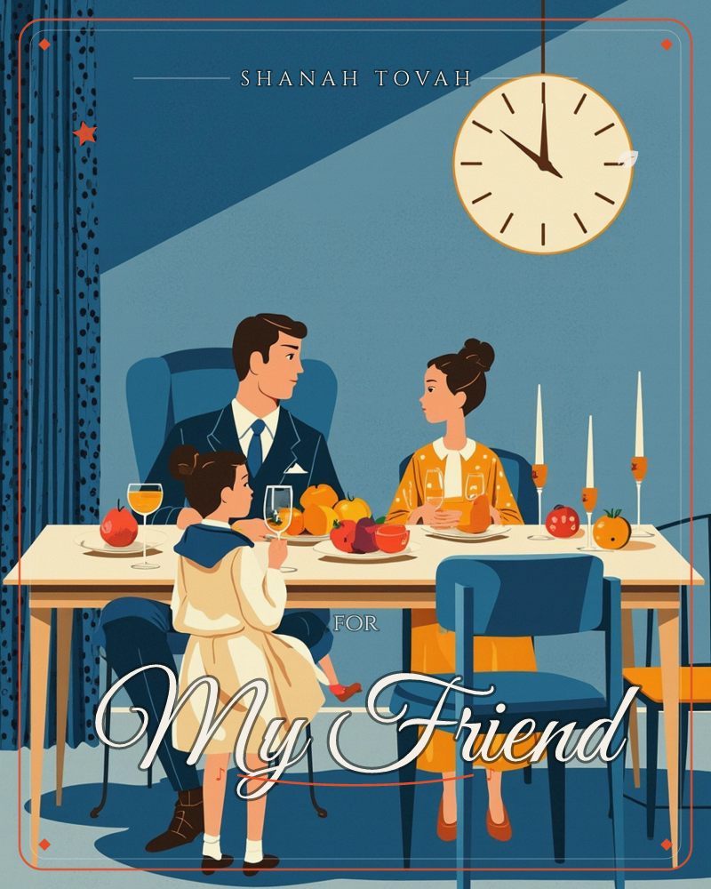 A family of three sits around a dining table set with fruit, tall candles and glasses, a large round clock ticking toward one o'clock on the wall above…, a rosh hashanah e-card design