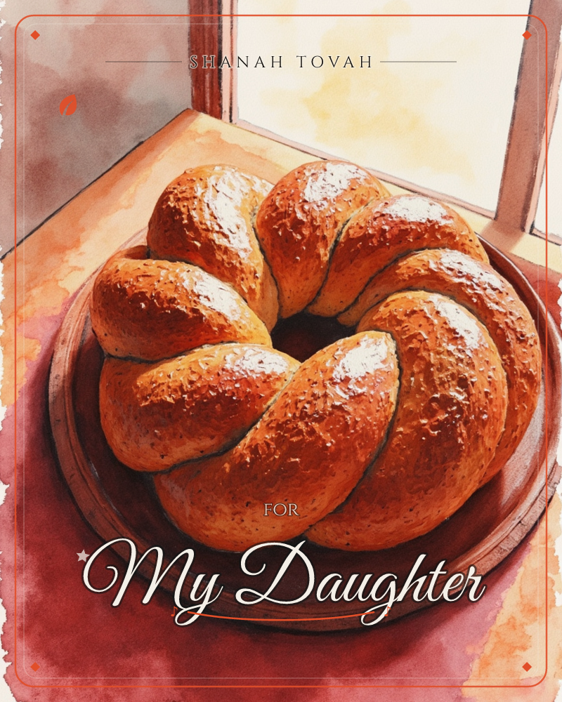 A golden braided loaf of bread sits on a round wooden board beside a sunlit window, its glossy crust catching warm light in patches of amber and rust, a rosh hashanah e-card design