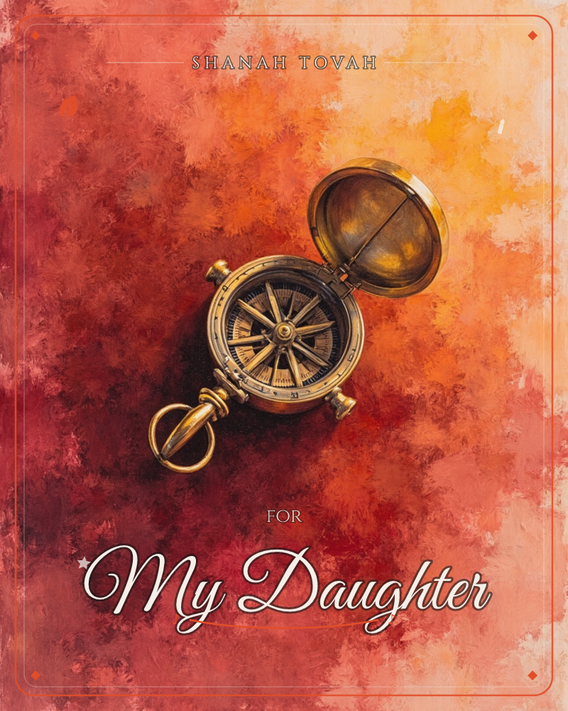 An antique brass compass lies open at an angle against a richly mottled backdrop of red, crimson and amber, its lid tipped back to reveal the etched…, a rosh hashanah e-card design