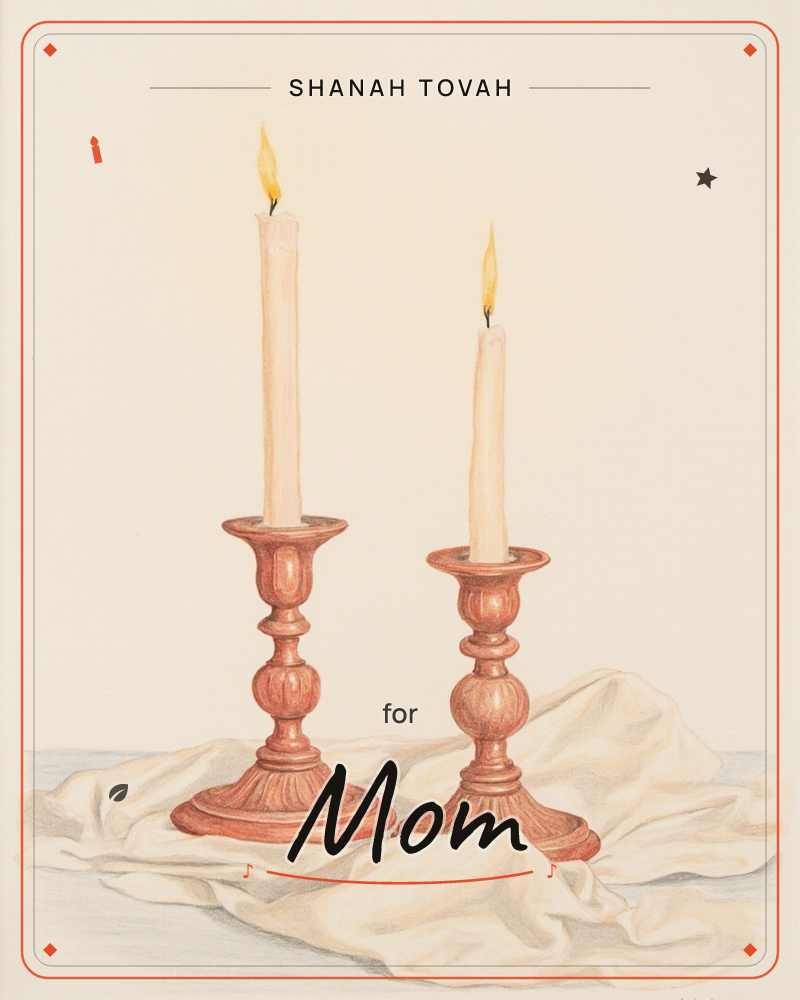 Two turned wooden candlesticks of slightly different heights hold lit taper candles against a soft, glowing cream background, their bases resting on…, a rosh hashanah e-card design