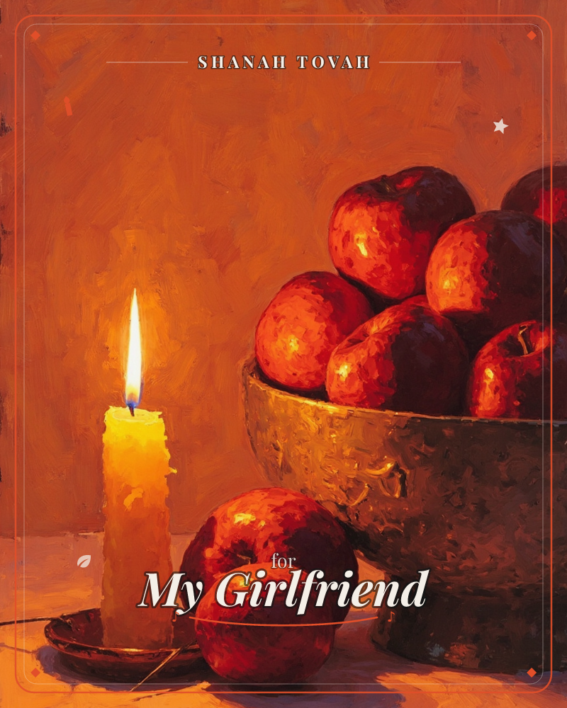 A single lit candle burns beside a tarnished metal bowl piled high with deep red apples, two more resting on the table below, a rosh hashanah e-card design