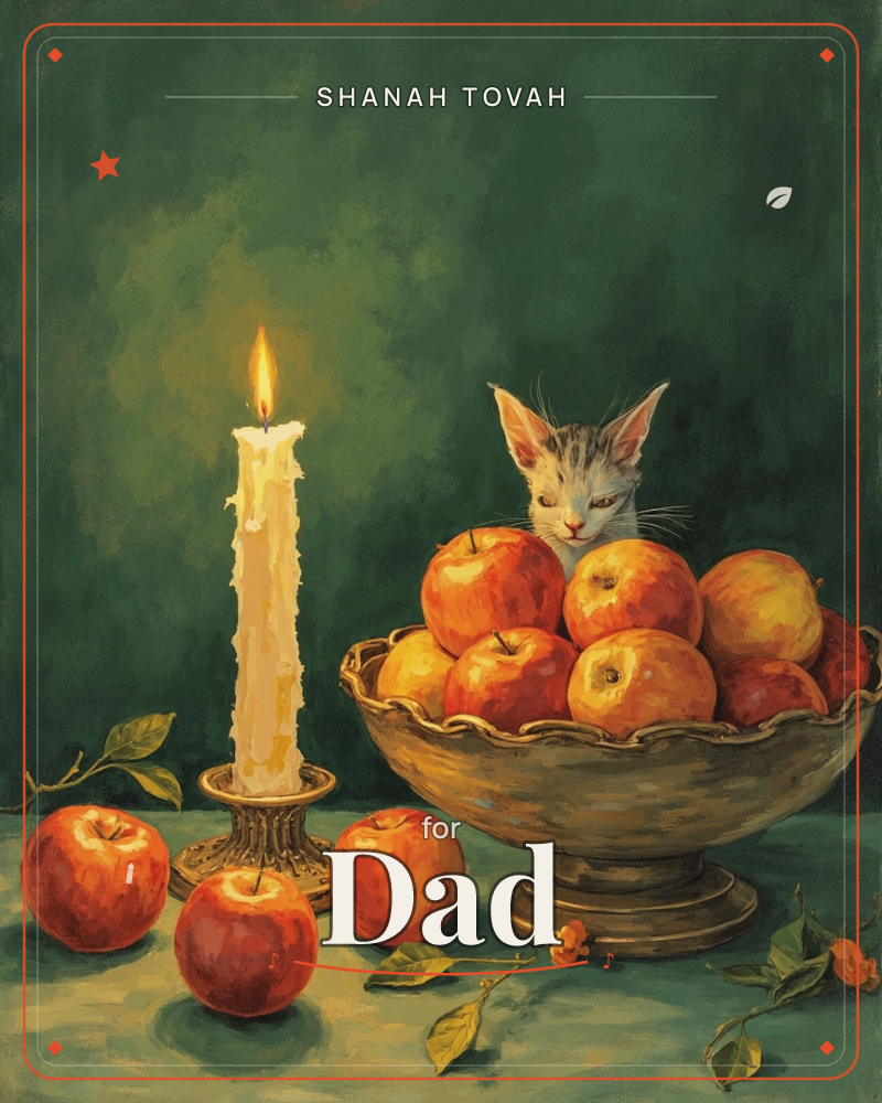 A dark green still life shows a lit candle in a small brass holder beside a scalloped bowl piled high with apples, its glow flickering warm against the…, a rosh hashanah e-card design