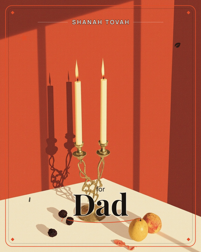 A twisted brass candelabra holds two lit ivory candles on a pale grey tabletop, casting long dramatic shadows across a warm burnt-orange wall streaked…, a rosh hashanah e-card design