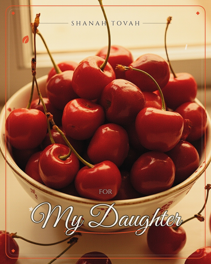 A white speckled bowl overflows with glossy dark cherries, their stems still attached, set on a windowsill in warm afternoon light, a rosh hashanah e-card design