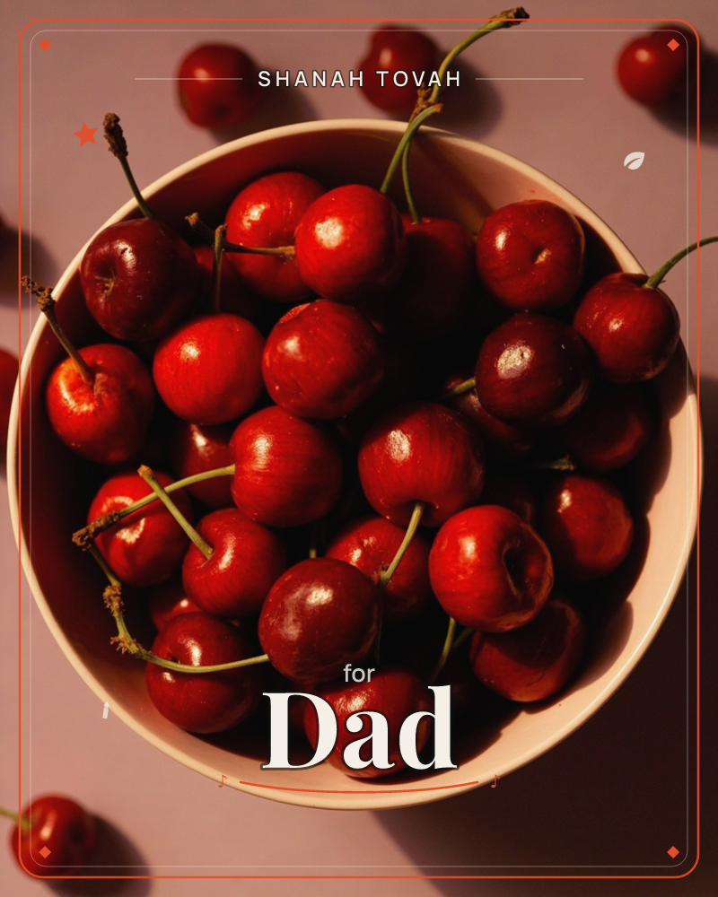 A pale ceramic bowl sits piled high with glossy dark cherries, stems still attached, photographed from directly above under a warm raking light, a rosh hashanah e-card design