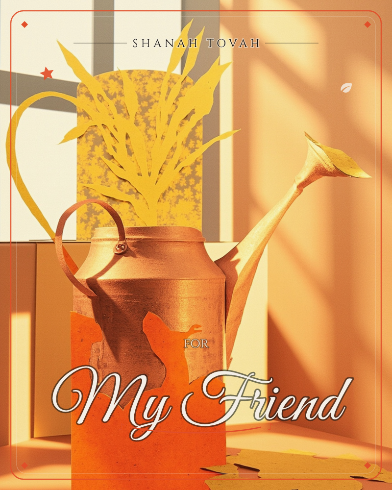 A metallic copper watering can sits atop a block of burnt orange, with cut-paper leaves in golden yellow fanning out behind it like tall grass, a rosh hashanah e-card design
