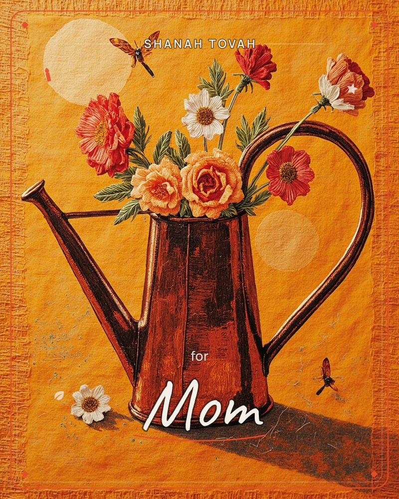 A weathered copper watering can stands against a warm ochre background, overflowing with roses, cosmos, and zinnias in red, cream, and apricot tones, a rosh hashanah e-card design