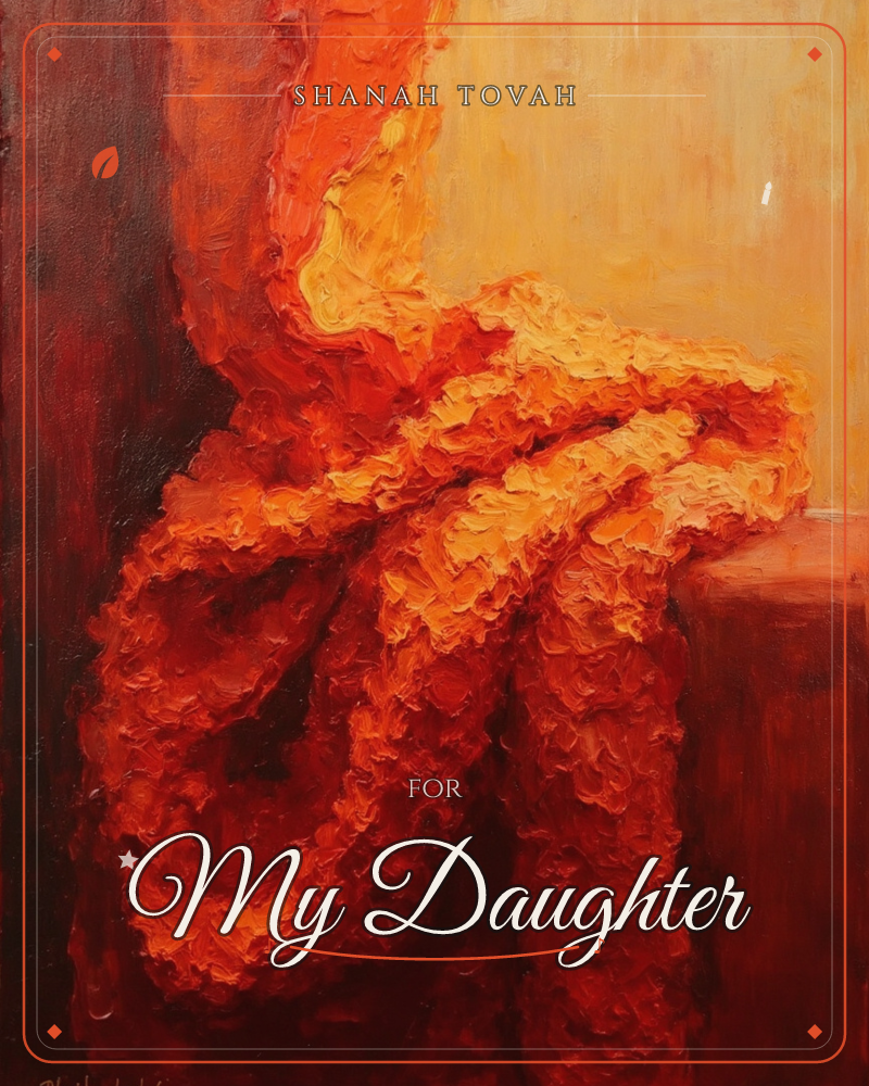 A thickly painted swath of fabric in fiery orange and gold cascades and coils over the edge of a warm terracotta surface, its heavy impasto strokes…, a rosh hashanah e-card design