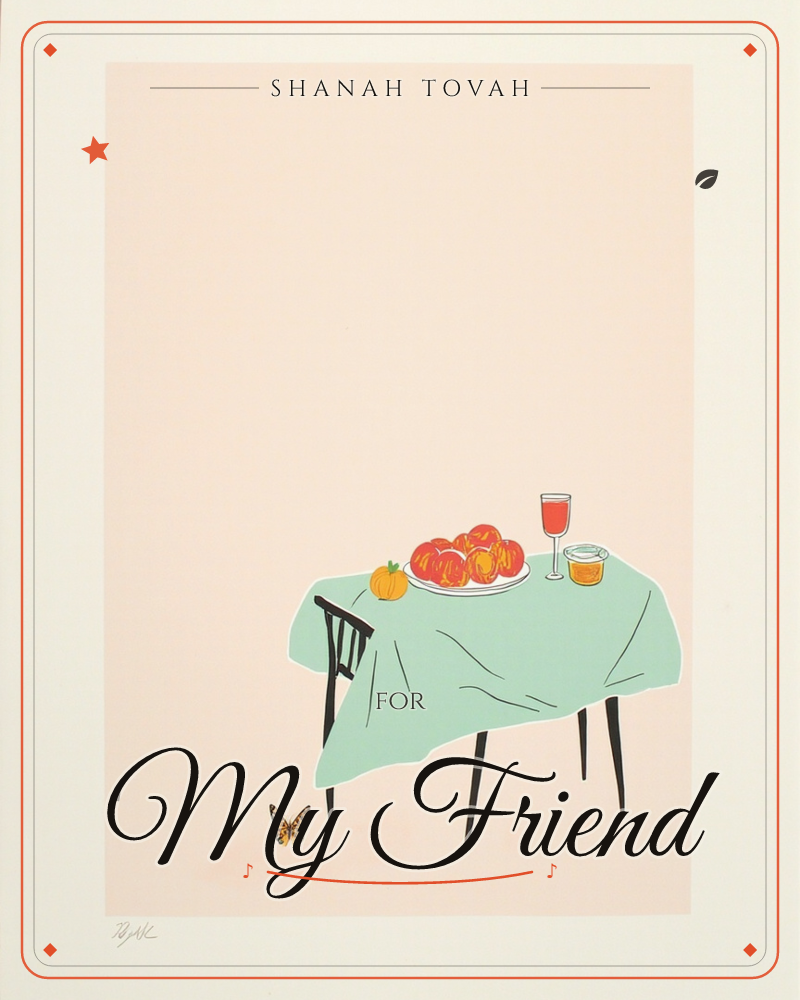 A spare, blush-pink illustration shows a table draped in a mint-green cloth, set with a plate of ripe tomatoes, a small pumpkin, a glass of red wine…, a rosh hashanah e-card design