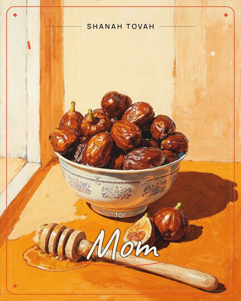 A patterned white and blue ceramic bowl overflows with glossy dried figs, painted in thick, sun-warmed brushstrokes, a rosh hashanah e-card design