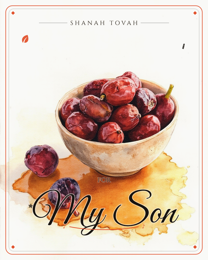 A rustic ceramic bowl brims with deep red-purple plums, their skins glossy with painted highlights, while two loose plums sit beside it on a warm…, a rosh hashanah e-card design