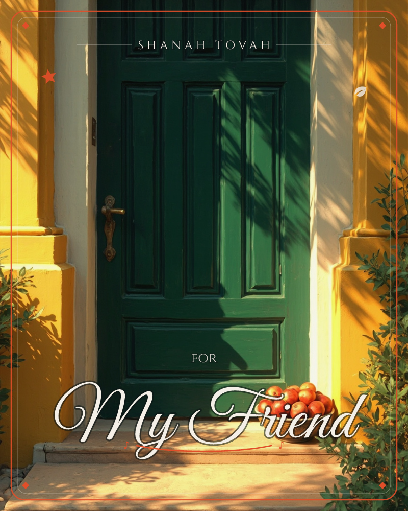 A panelled green door sits between mustard-yellow walls, dappled with the criss-crossed shadows of unseen branches overhead, a rosh hashanah e-card design