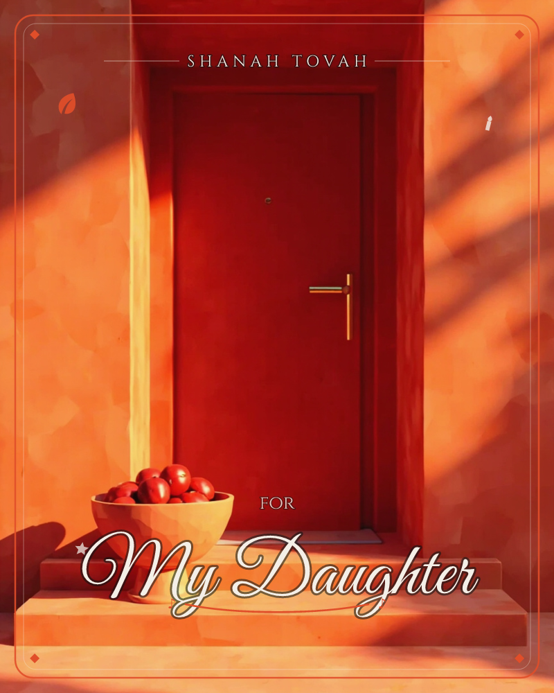 A closed red door sits deep in a warm terracotta wall, its brass handle catching low golden light that falls in long diagonal stripes across the surface, a rosh hashanah e-card design