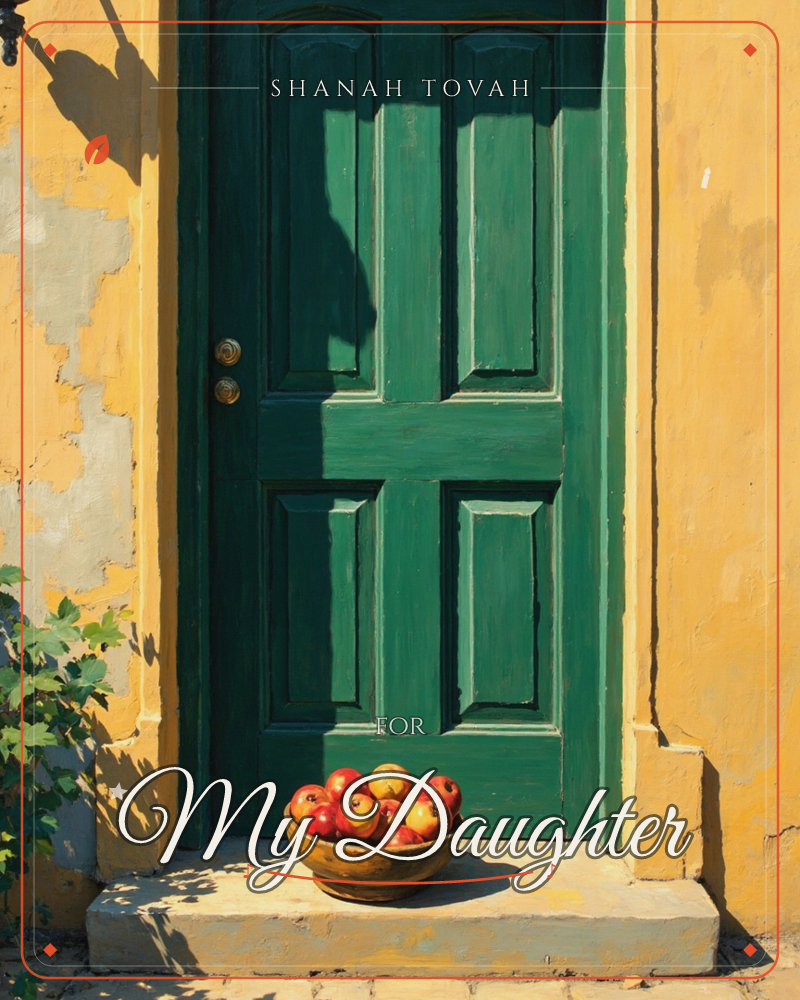 A weathered green paneled door sits in a sun-warmed ochre wall, its brass knob catching the afternoon light, a rosh hashanah e-card design