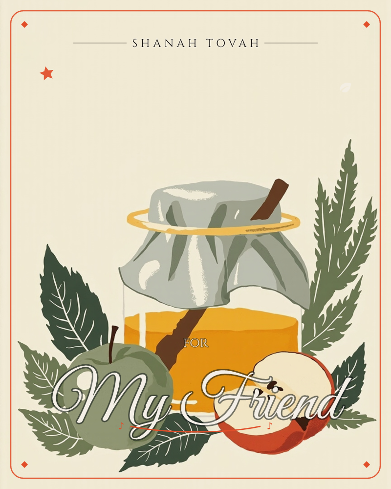 A jar of golden apple cider sits covered with a cloth cinched by a rubber band, a cinnamon stick propped inside, surrounded by a whole green apple and…, a rosh hashanah e-card design