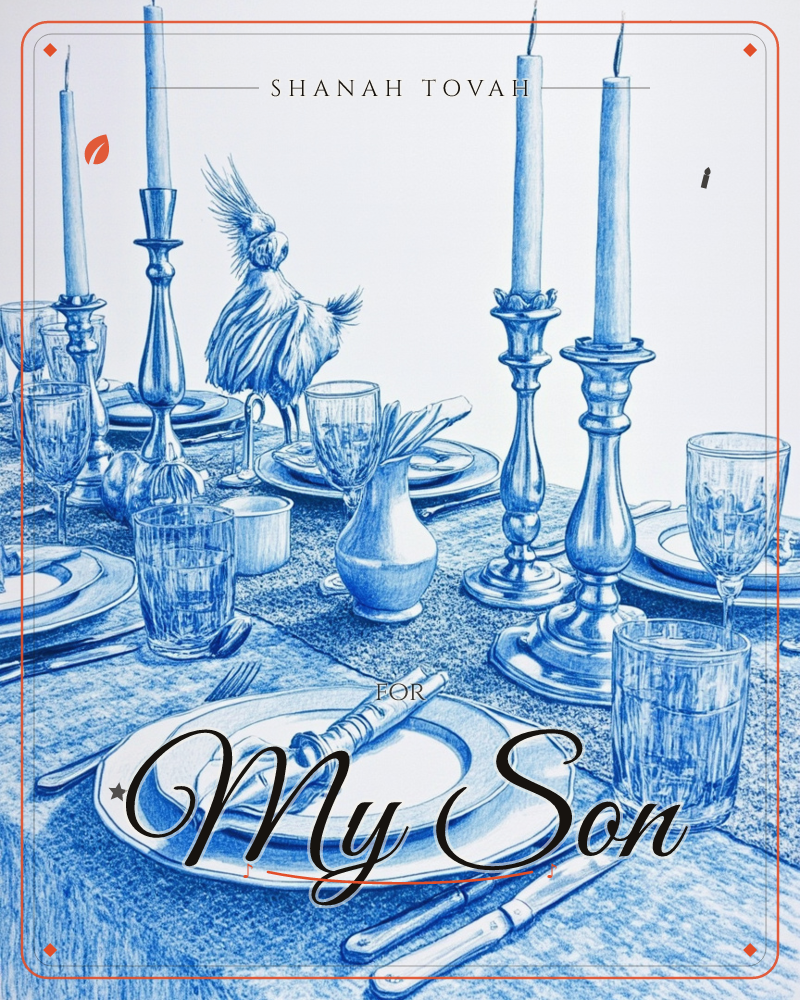 A formal dining table is rendered entirely in blue ink, densely cross-hatched, showing tall candlesticks, wine glasses, folded napkins and a small vase…, a rosh hashanah e-card design