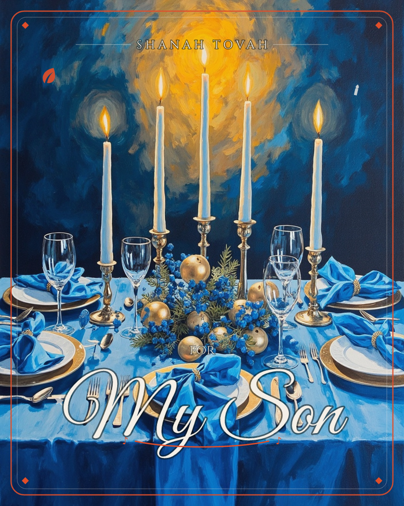 A formal holiday table is set in deep blue and gold, with five tall candles glowing against a moody painted backdrop of indigo and amber light, a rosh hashanah e-card design