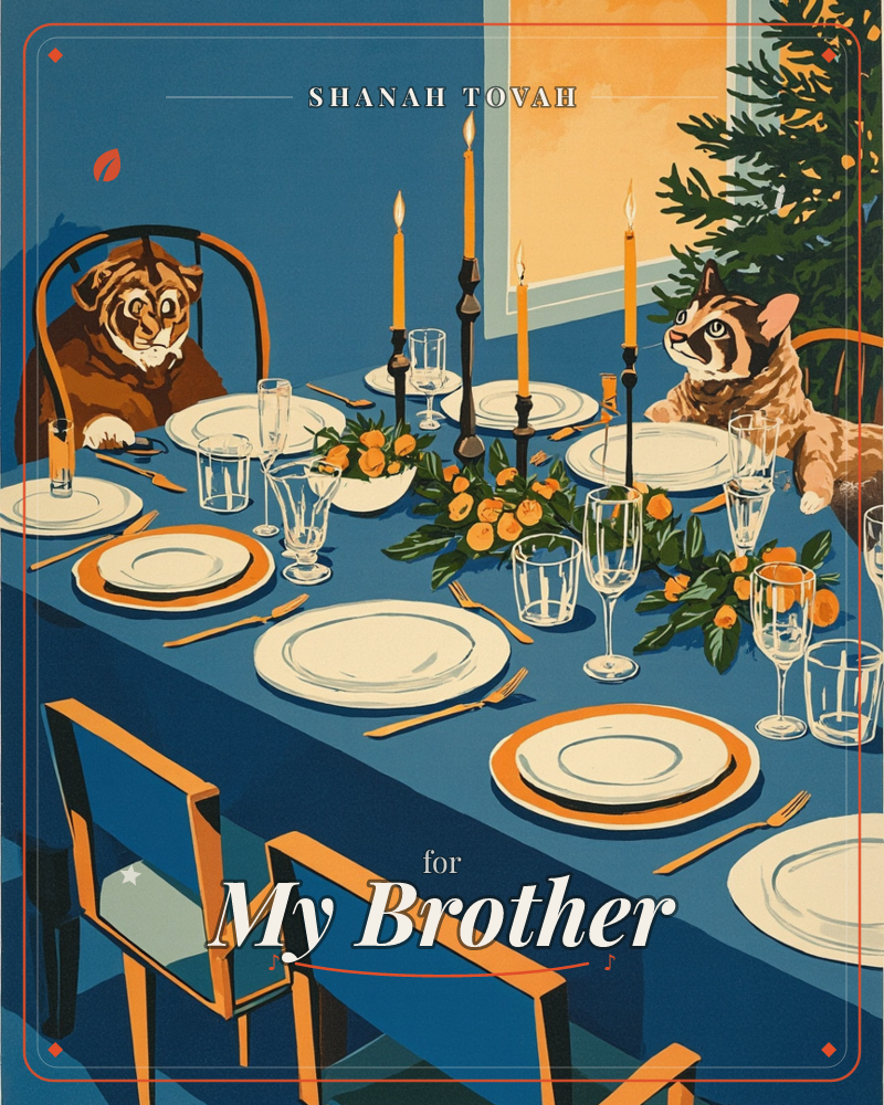 A long blue-clothed dining table is set for a holiday feast, lined with tall lit candles and garlands of citrus and greenery, while a tiger and a…, a rosh hashanah e-card design