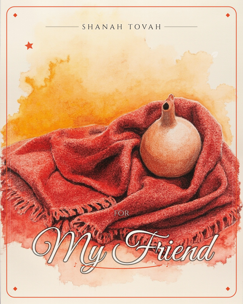 A round-bellied clay vessel with a long spouted neck rests nestled inside a fringed red blanket, its folds bunched softly around the pot's curves, a rosh hashanah e-card design