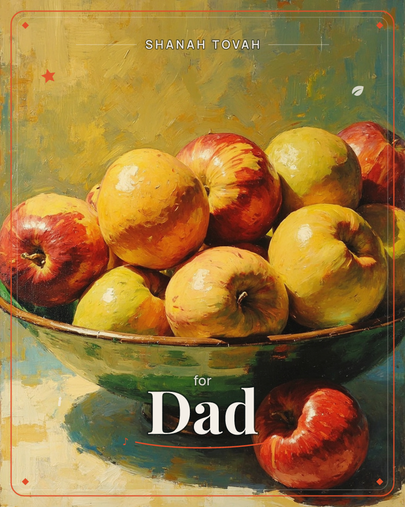 A classic still life shows a green ceramic bowl piled high with glossy apples in shades of red and gold, their skins catching a warm light against a…, a rosh hashanah e-card design
