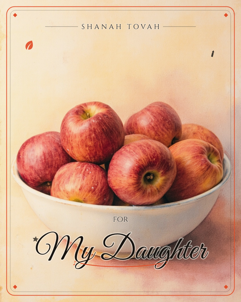 A white ceramic bowl is piled high with red-streaked apples, their skins catching a warm, soft light against a hazy amber background, a rosh hashanah e-card design