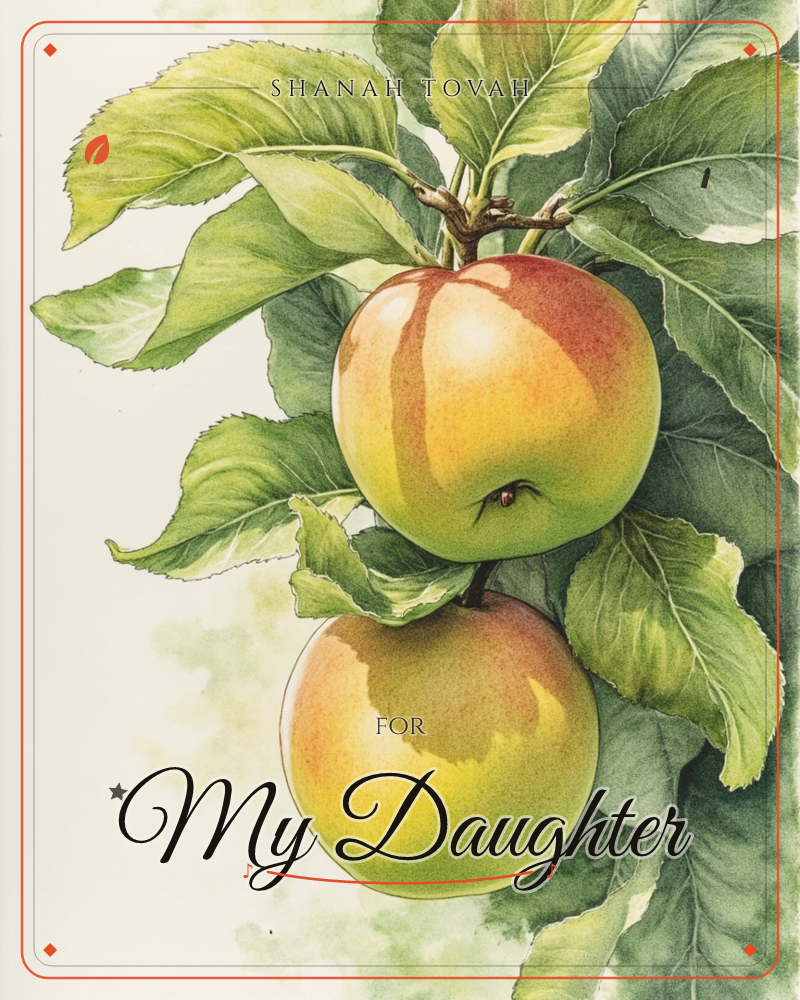 Two ripe apples hang together on a leafy branch, their skins streaked with red, gold and green in the soft light, a rosh hashanah e-card design