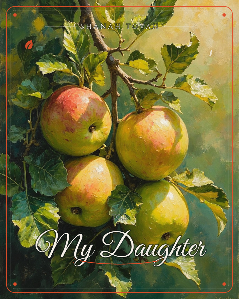 A cluster of four apples hangs heavy on a leafy branch, their skins a mottled blend of green and blush-pink catching warm sunlight, a rosh hashanah e-card design