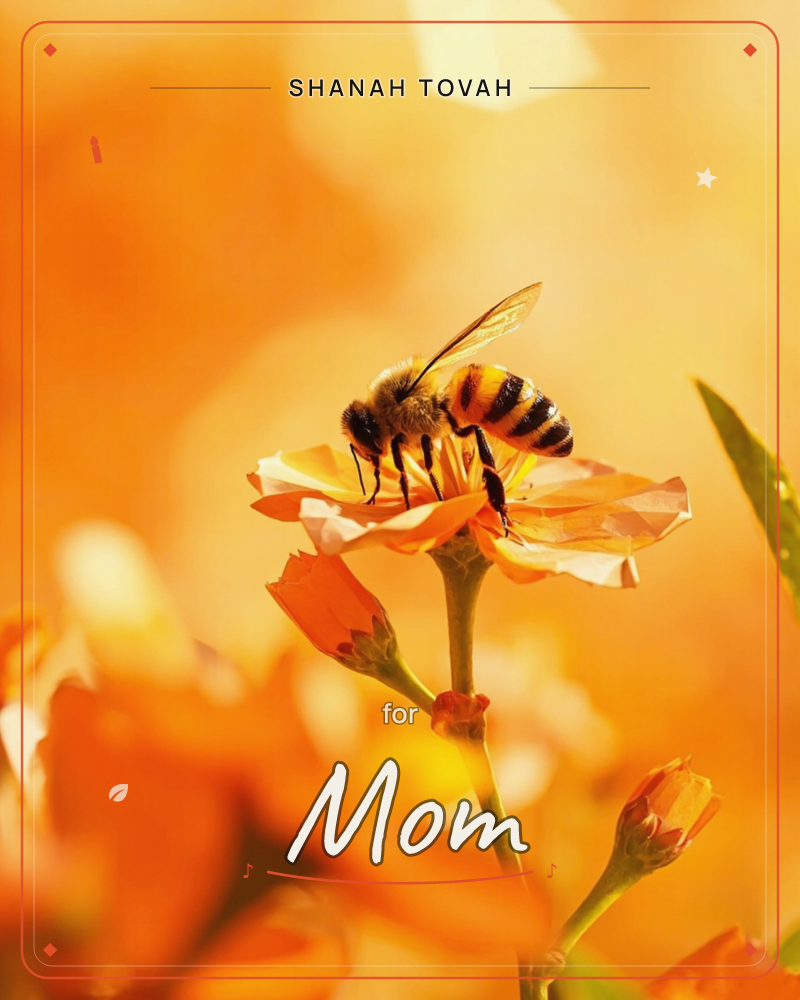 A close-up photograph of a honeybee perched on the petals of an orange blossom, its striped body catching the warm light, a rosh hashanah e-card design