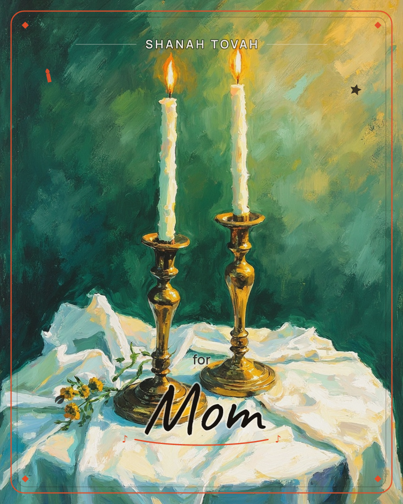 Two brass candlesticks stand lit on a white draped cloth, their flames glowing softly against a rich emerald-green background streaked with gold light, a rosh hashanah e-card design
