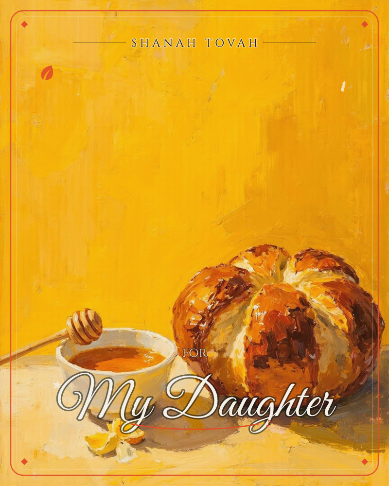 A round braided loaf with a deep glossy crust sits beside a small white bowl of honey with a wooden dipper resting across it, all set against a warm…, a rosh hashanah e-card design