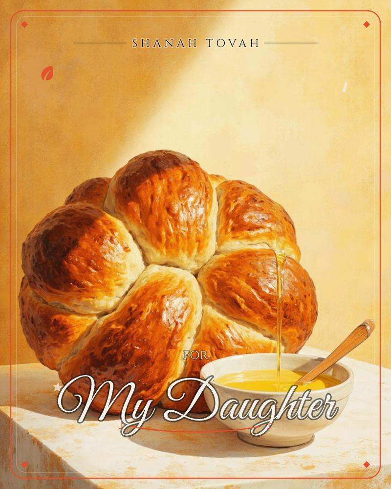 A round pull-apart loaf of golden-brown bread sits on a pale tablecloth, its glossy crust catching a warm shaft of light against a mustard-yellow wall, a rosh hashanah e-card design