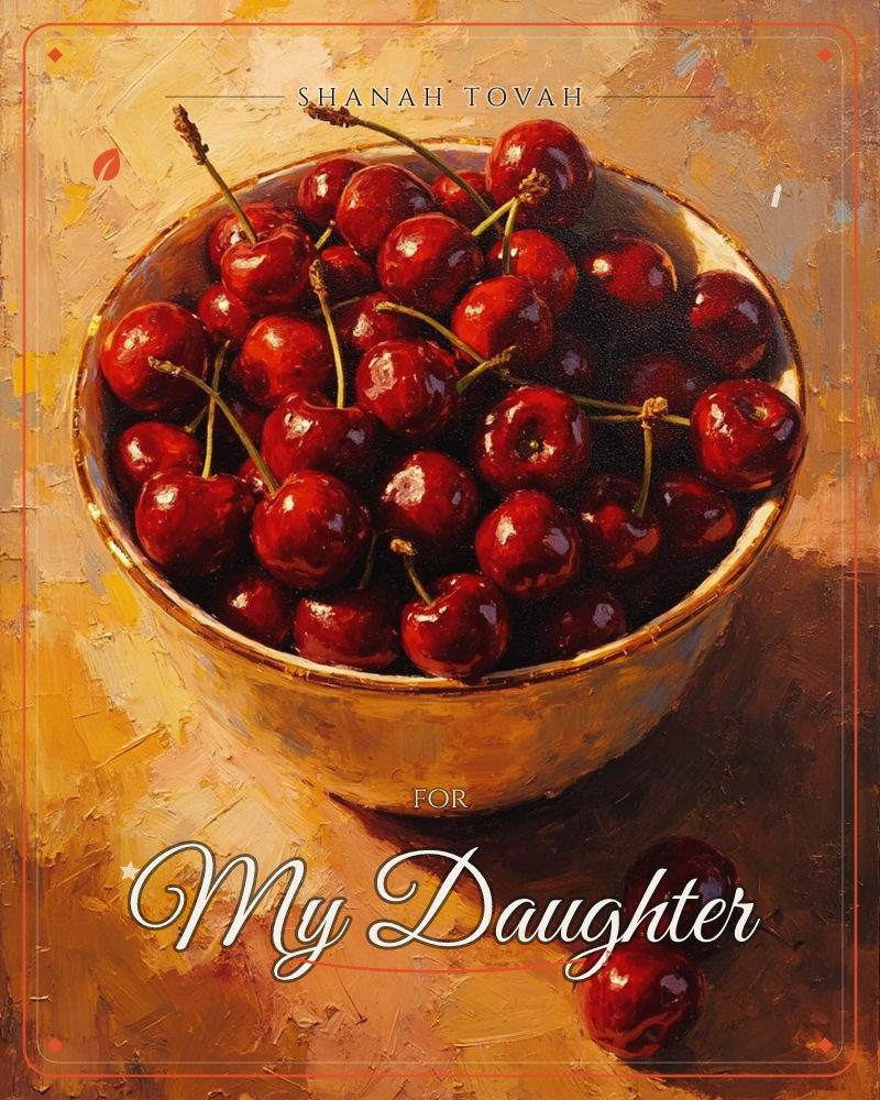 A cream-glazed bowl brims with glossy dark cherries, their stems curling upward and catching the light, a rosh hashanah e-card design