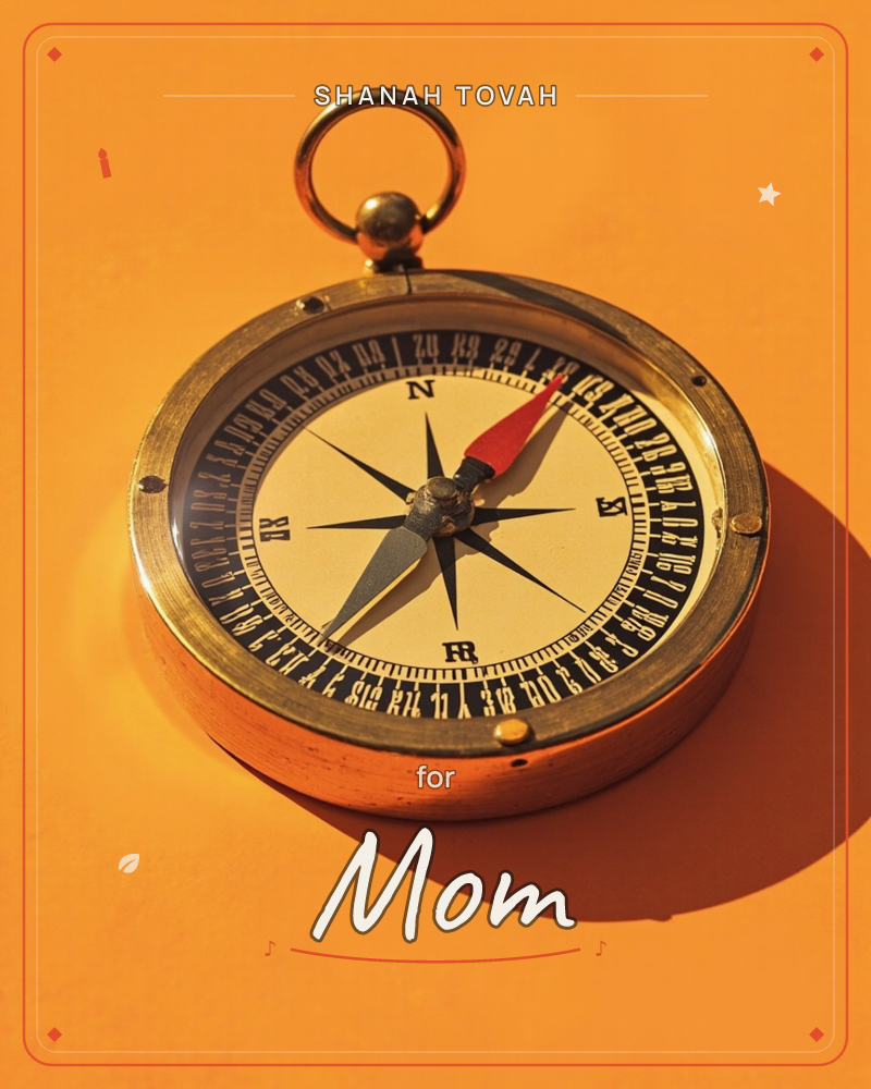 A vintage brass compass with a red-tipped needle sits open against a bold burnt-orange background, its ring handle casting a sharp shadow to one side, a rosh hashanah e-card design