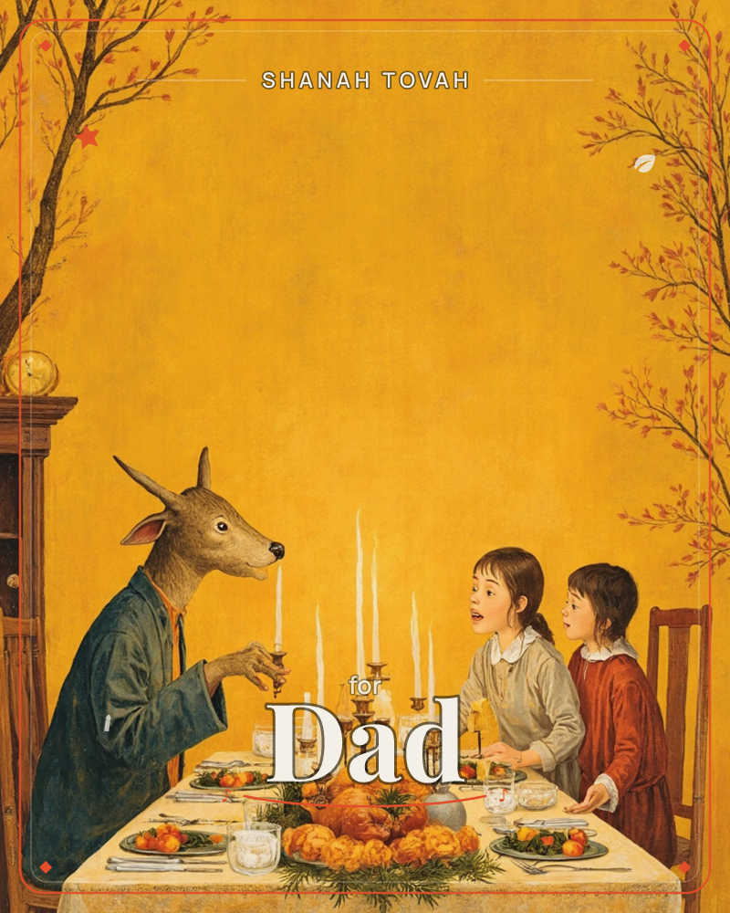 A deer-headed figure in a dark coat sits at a candlelit dinner table, holding one thin taper aloft as two wide-eyed children watch from across the…, a rosh hashanah e-card design
