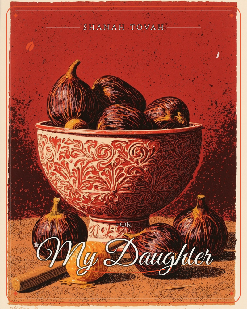 A patterned ceramic bowl heaped with dark figs sits against a deep red, mottled background, with more figs and a pale onion scattered on the table below, a rosh hashanah e-card design