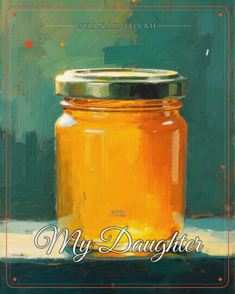 A single glass jar of golden honey or marmalade sits on a dark surface against a loose, teal-green painted backdrop, a rosh hashanah e-card design
