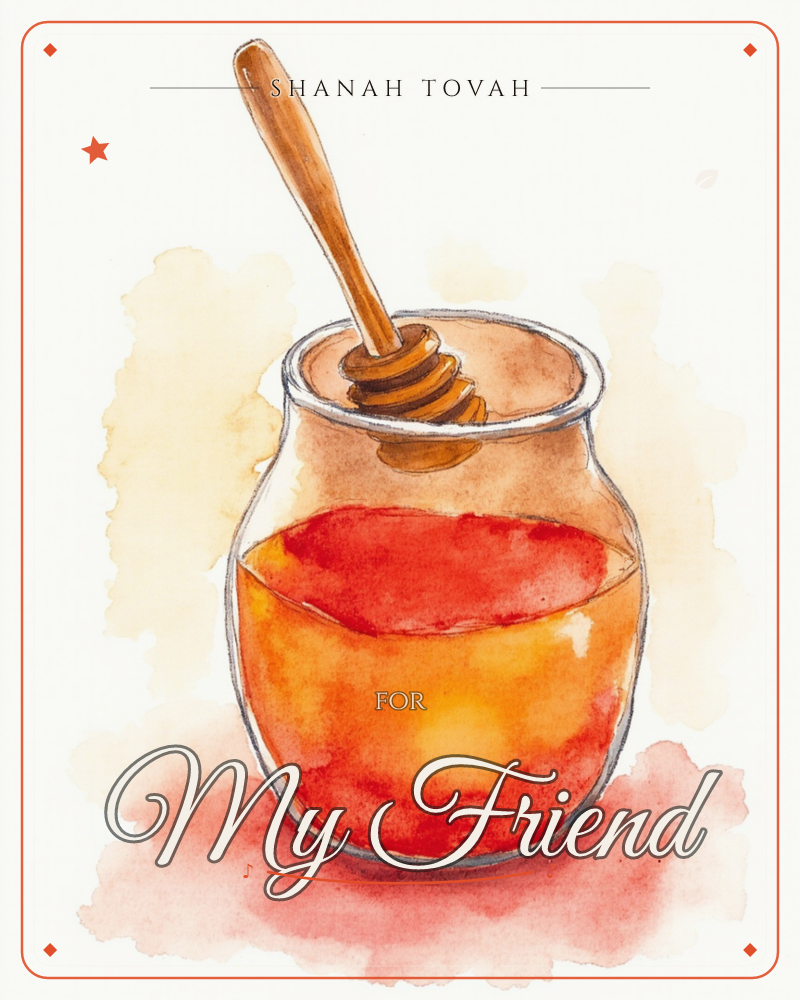 A round glass jar brims with honey in glowing shades of amber and red, a wooden dipper resting inside it, a rosh hashanah e-card design