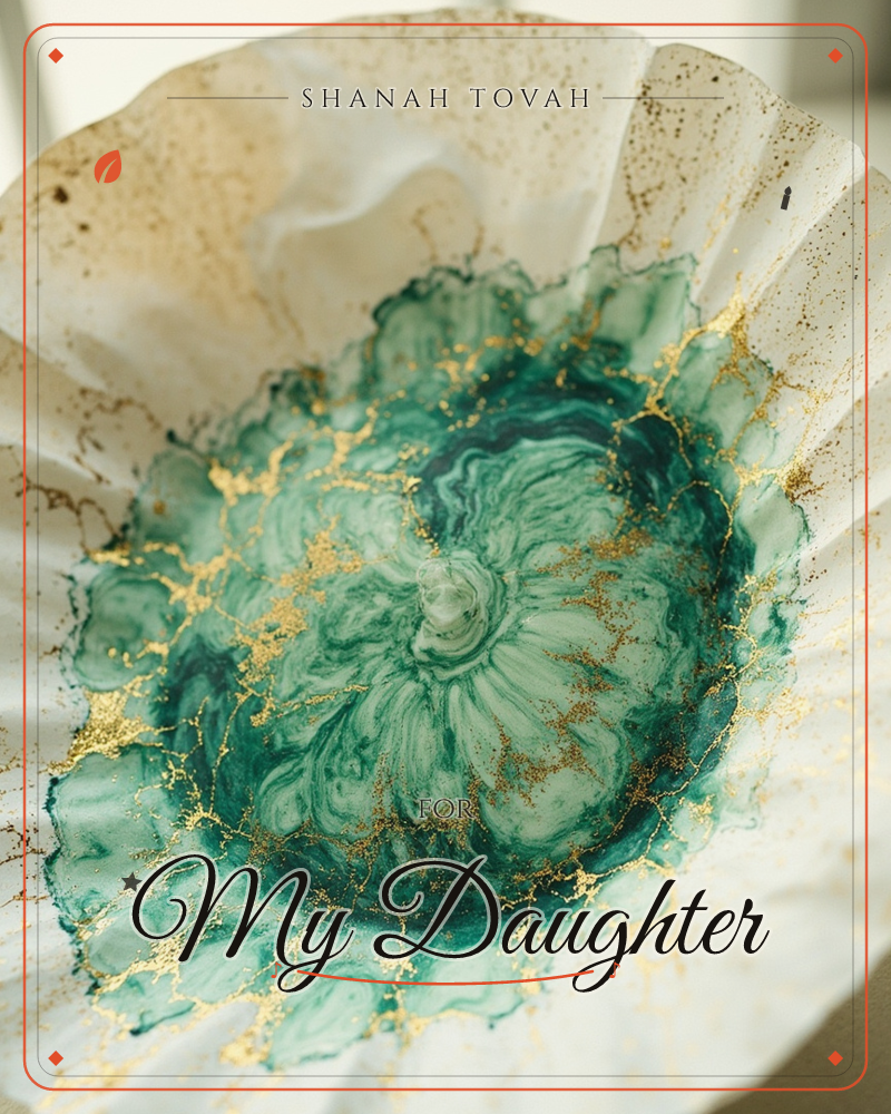 A close-up of a bloom-like abstract pattern, its rippled folds spreading outward like a flower or coral, painted in deep teal and jade with fine cracks…, a rosh hashanah e-card design