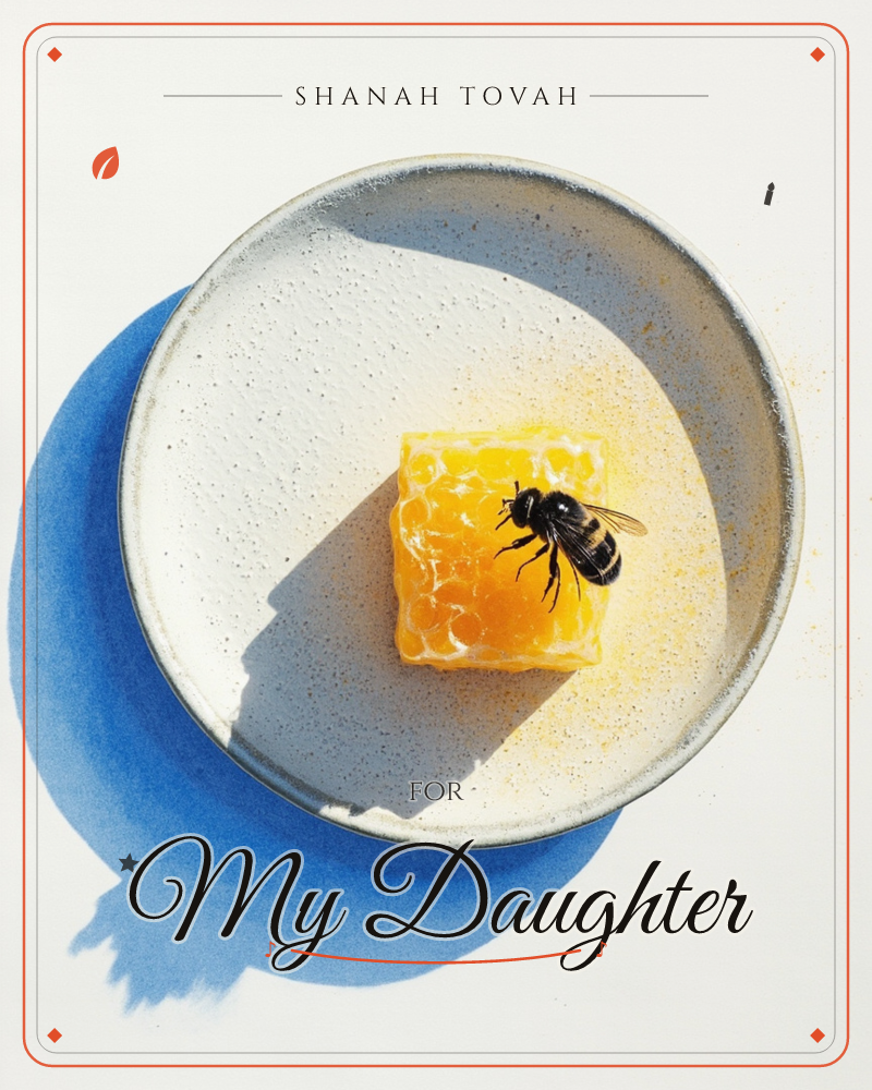 A single square of golden honeycomb sits at the centre of a speckled ceramic plate, with one bee perched on top catching the light, a rosh hashanah e-card design
