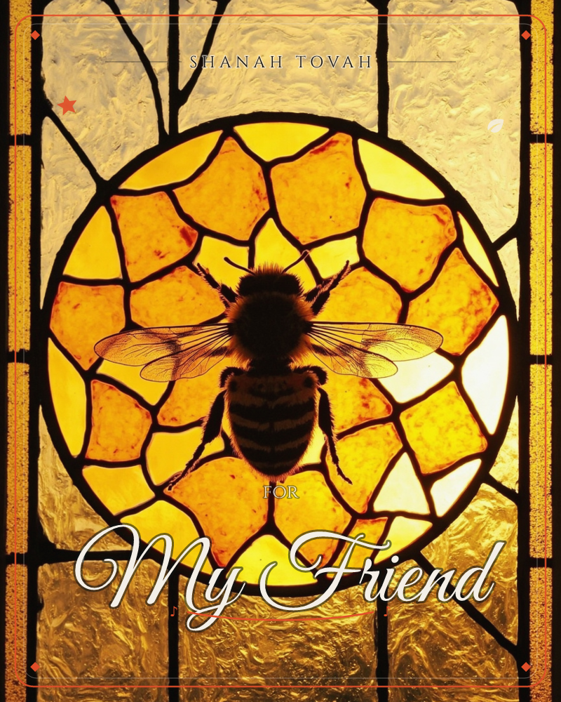 A stained-glass window glows with amber and gold panes cut into a honeycomb pattern, a large bee silhouetted at its centre with wings spread wide, a rosh hashanah e-card design