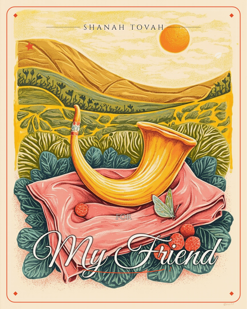 A curved golden shofar rests on a draped pink cloth, surrounded by ripe raspberries and broad leafy greens, with rolling amber hillsides and an orange…, a rosh hashanah e-card design