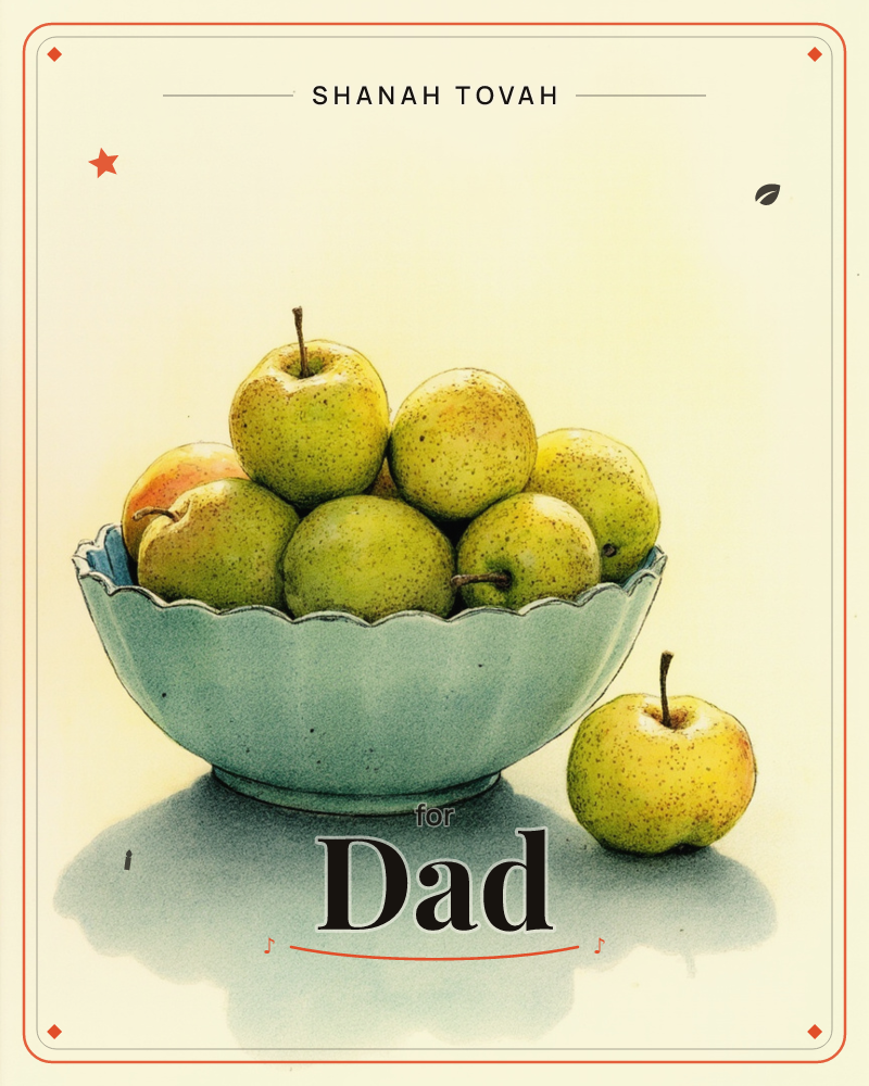 A scalloped-edge pale blue-green bowl overflows with speckled green-gold apples, one having tumbled loose to sit beside the base, a rosh hashanah e-card design